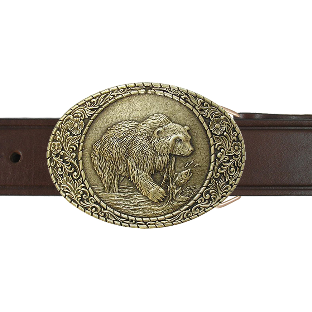 Grizzly Bear Buckle. Vintage Brass Buckle and 1.5 Leather Belt. IMC Retail