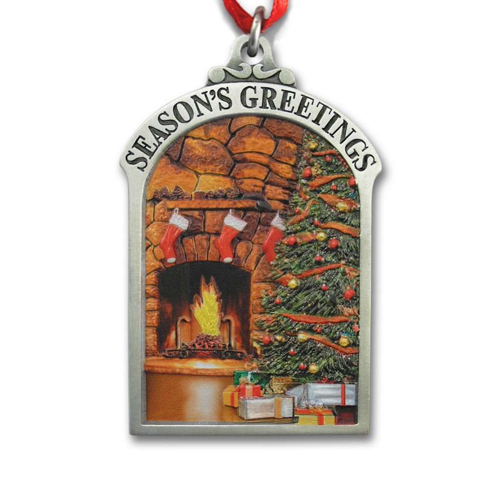 Fireside Tree. Gallery Printed Personalized Pewter Ornament. IMC Retail
